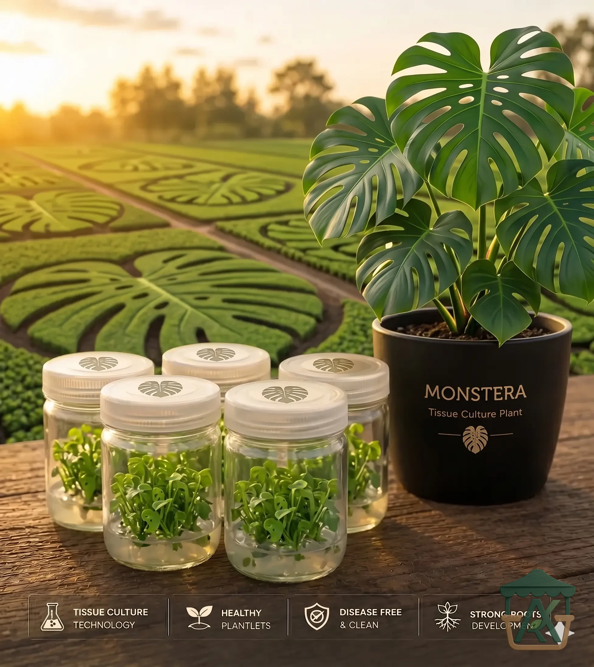 شتلات مونستيرا المعملية الفاخرة (Tissue Monstera 1) - أيقونة الفخامة الاستوائية والقفص الصدري النقي من "أجري كشك"