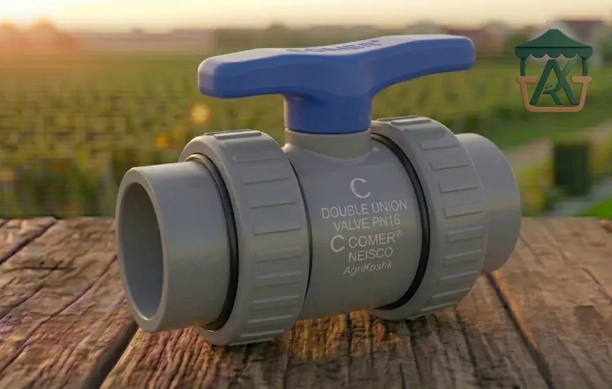 محبس كورة لاكورين يو بي في سي لصق متري كومر-نايسكو (uPVC Double Union Ball Valve Plain Metric) - نظم صمامات التحكم والفك المزدوج السريع من "أجري كشك"
